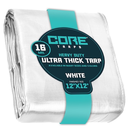Core Tarps Heavy Duty Tarp, 12 ft L x 0.5 mm H x 12 ft W, 16 Mil, White, Polyethylene CT-304-12X12